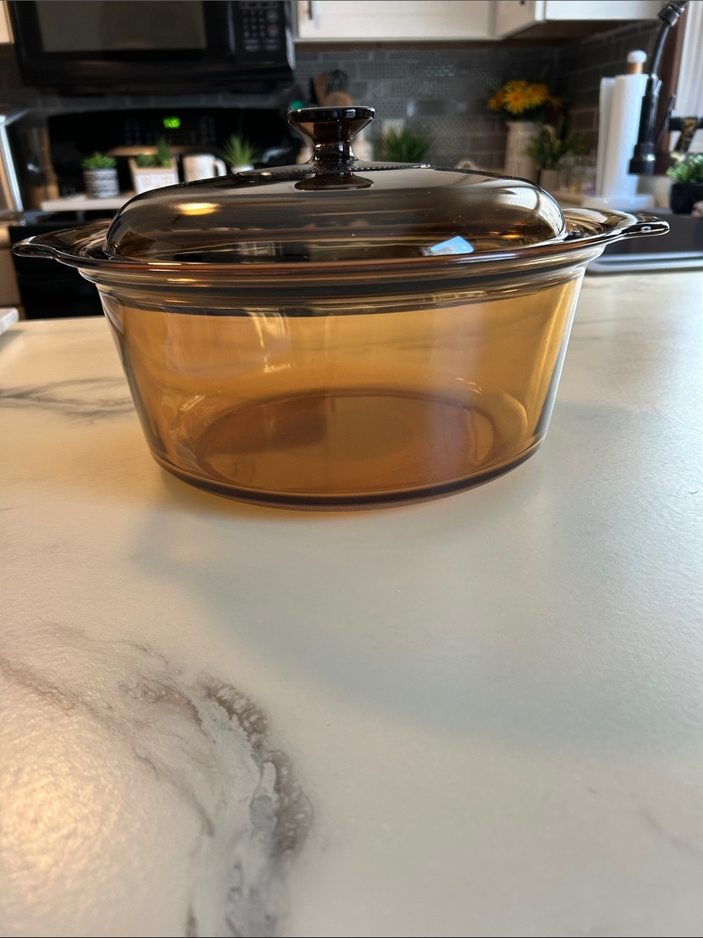 Vintage Corning Visions Amber Glass 5 Liter Dutch Oven with Matching Lid